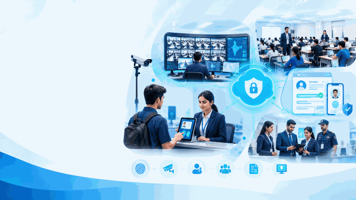 Animated overview of biometric verification, CCTV monitoring, candidate registration and examination operations